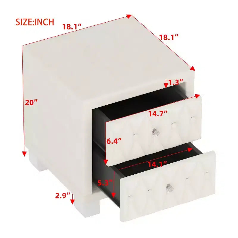 Elegante mesita de noche de terciopelo con 2 cajones, mesa de noche con botones capitoné y tiradores de cristal para dormitorio o sala de estar