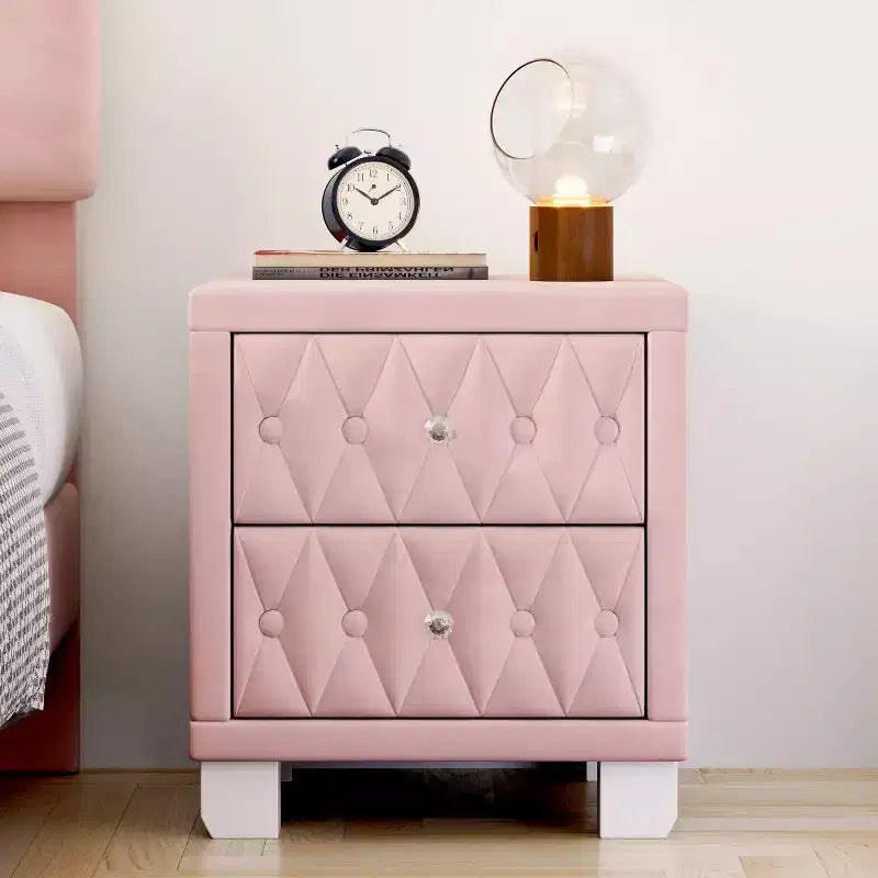 Elegante mesita de noche de terciopelo con 2 cajones, mesa de noche con botones capitoné y tiradores de cristal para dormitorio o sala de estar
