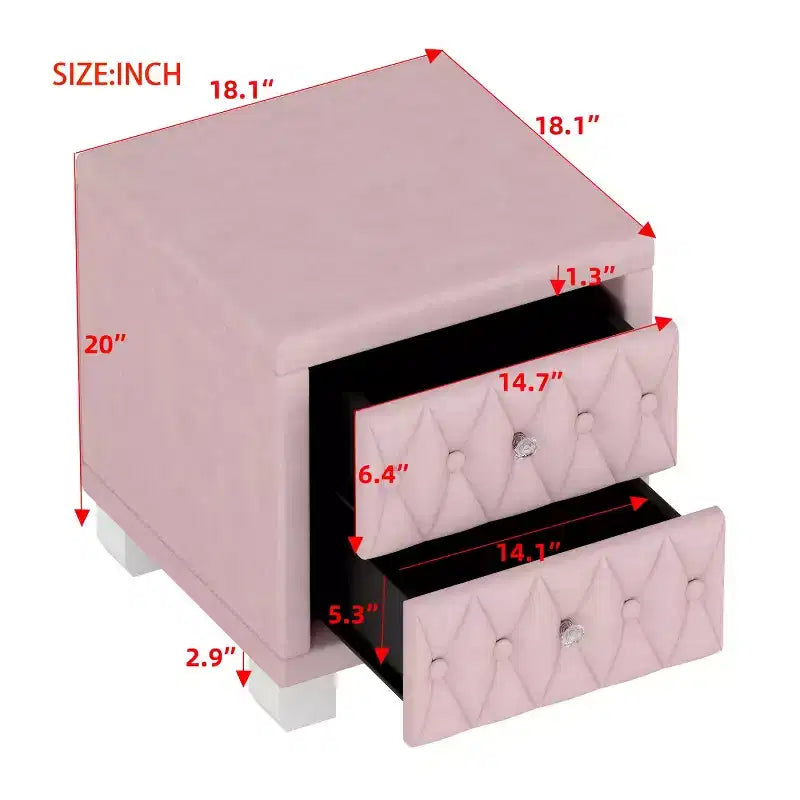 Elegante mesita de noche de terciopelo con 2 cajones, mesa de noche con botones capitoné y tiradores de cristal para dormitorio o sala de estar