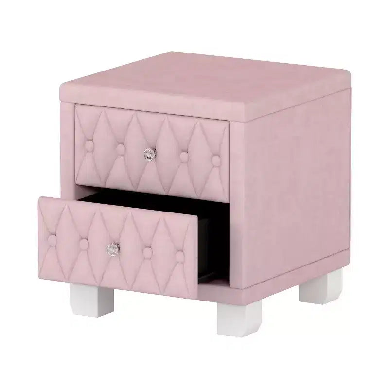 Elegante mesita de noche de terciopelo con 2 cajones, mesa de noche con botones capitoné y tiradores de cristal para dormitorio o sala de estar