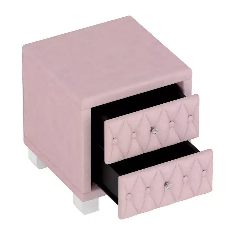 Elegante mesita de noche de terciopelo con 2 cajones, mesa de noche con botones capitoné y tiradores de cristal para dormitorio o sala de estar