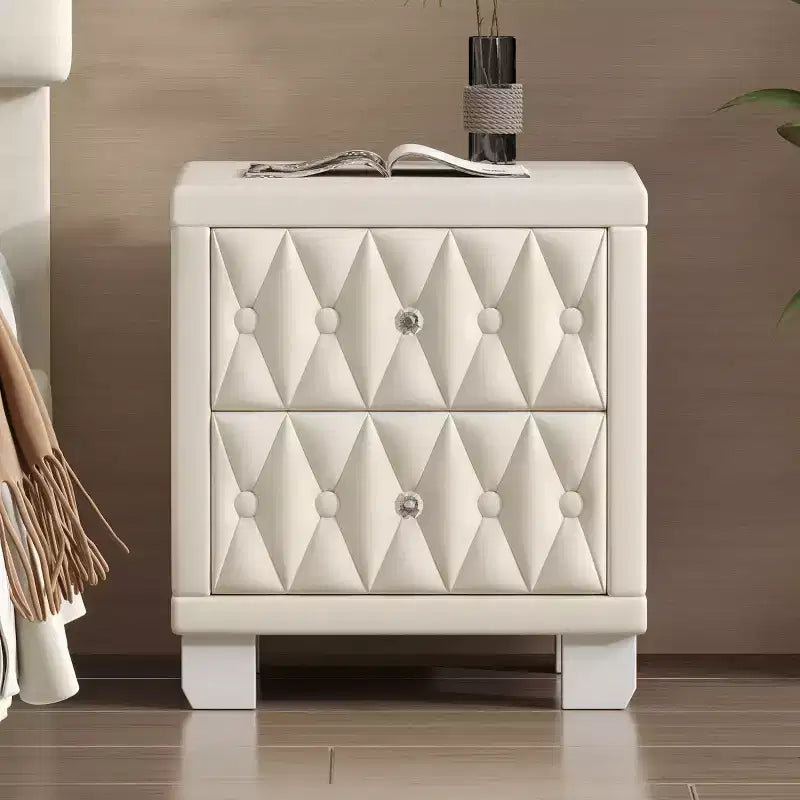 Elegante mesita de noche de terciopelo con 2 cajones, mesa de noche con botones capitoné y tiradores de cristal para dormitorio o sala de estar