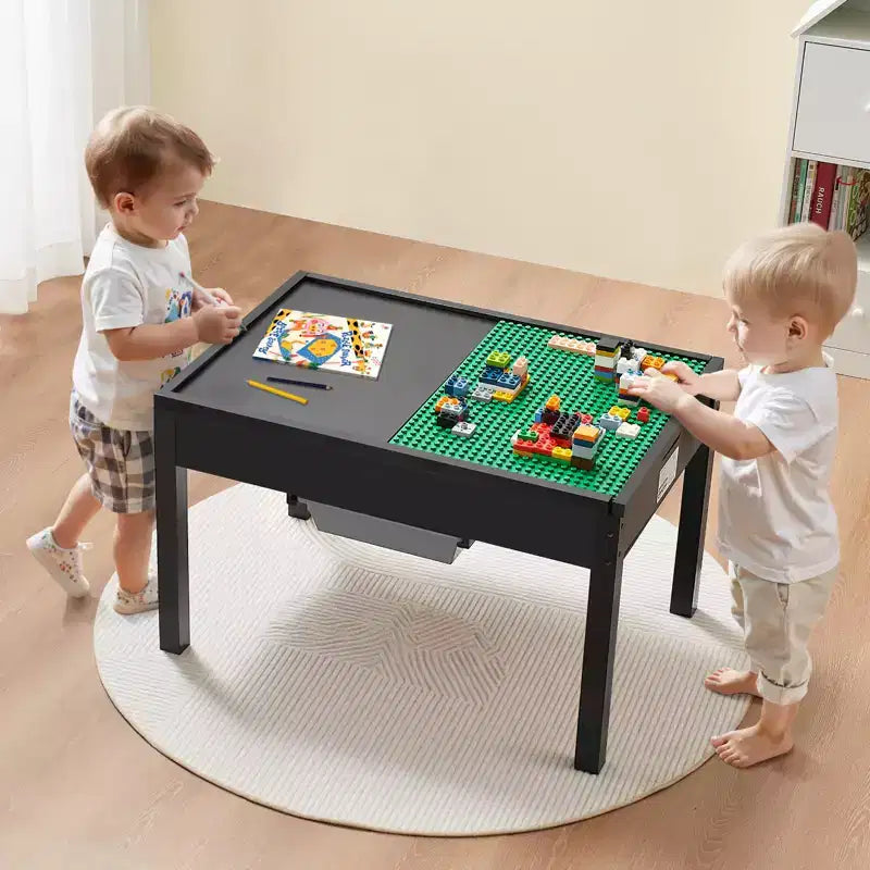Table d’activités en bois pour enfants, plateau double face pour blocs de construction, table de jeu polyvalente avec 2 bacs de rangement pour enfants de 3 ans et plus, noir