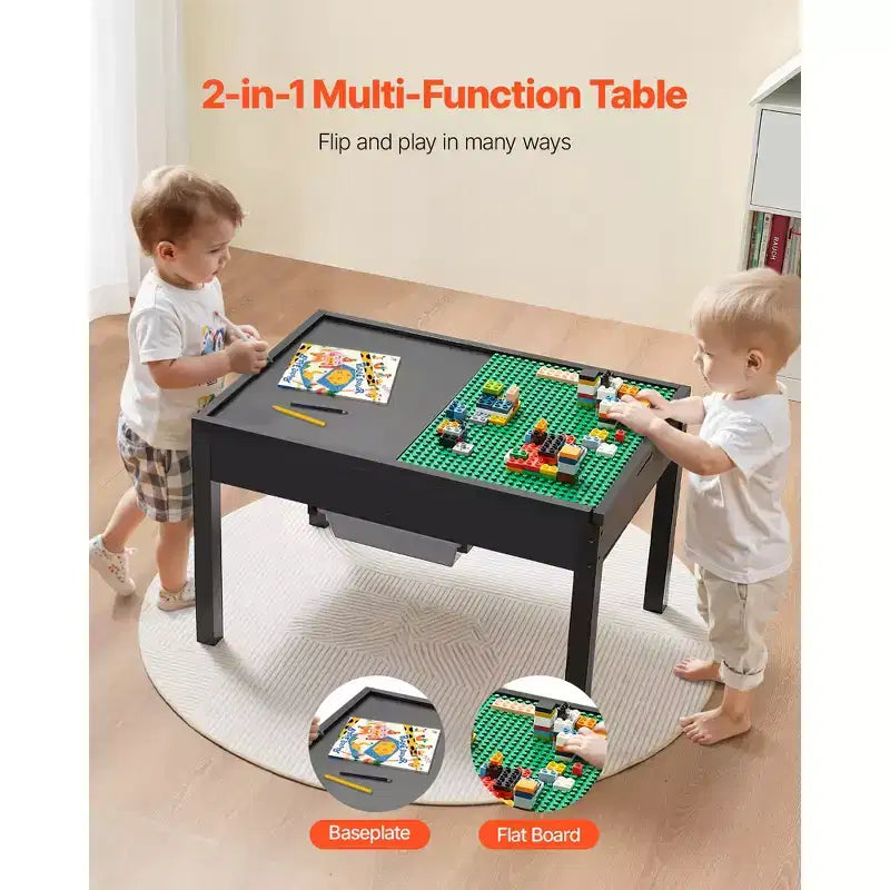 Aktivitätstisch aus Holz für Kinder, doppelseitige Tischplatte für Bausteine, vielseitiger Spieltisch mit 2 Aufbewahrungsboxen für Kinder ab 3 Jahren, Schwarz