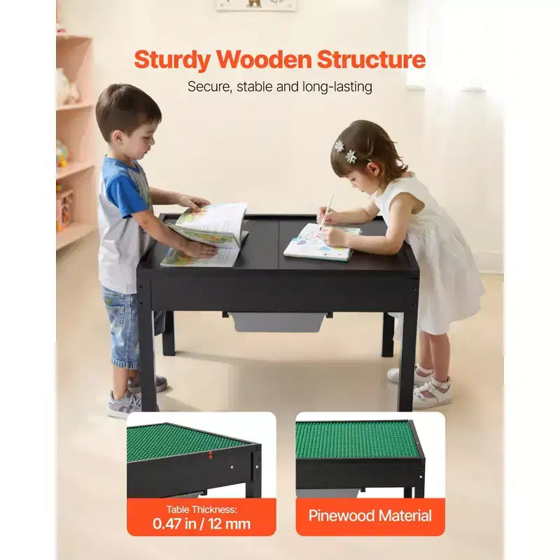 Table d’activités en bois pour enfants, plateau double face pour blocs de construction, table de jeu polyvalente avec 2 bacs de rangement pour enfants de 3 ans et plus, noir