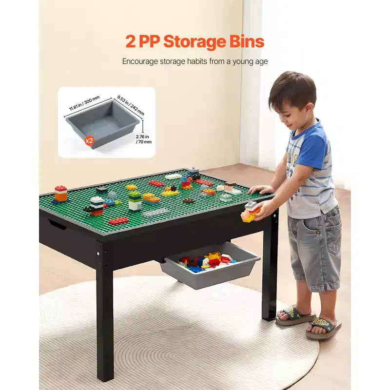Aktivitätstisch aus Holz für Kinder, doppelseitige Tischplatte für Bausteine, vielseitiger Spieltisch mit 2 Aufbewahrungsboxen für Kinder ab 3 Jahren, Schwarz