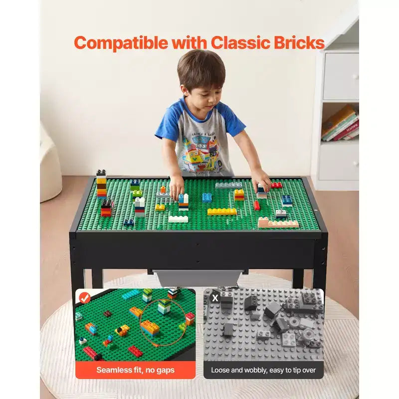 Table d’activités en bois pour enfants, plateau double face pour blocs de construction, table de jeu polyvalente avec 2 bacs de rangement pour enfants de 3 ans et plus, noir
