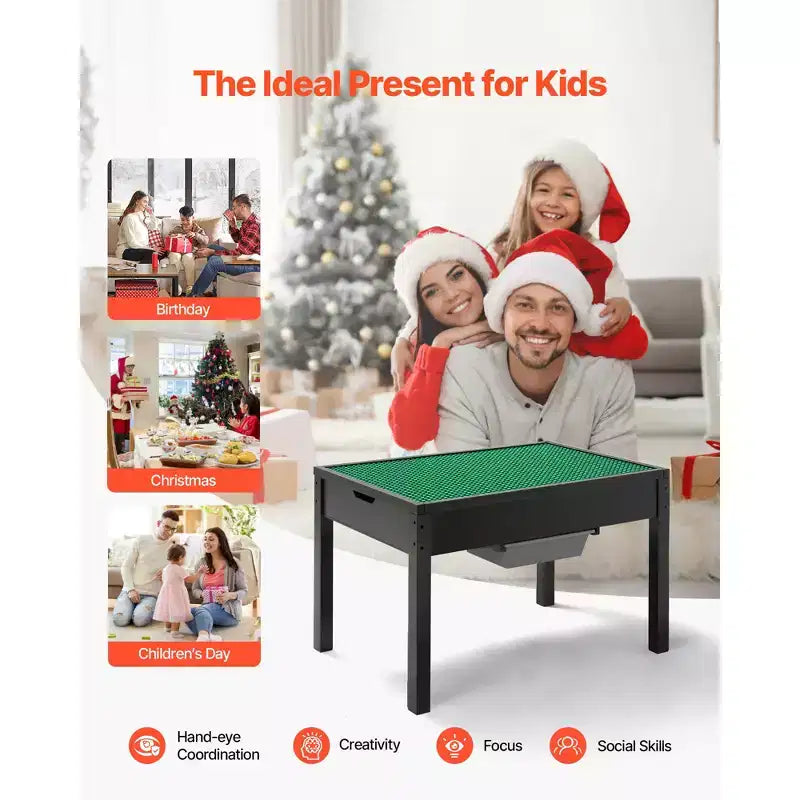 Table d’activités en bois pour enfants, plateau double face pour blocs de construction, table de jeu polyvalente avec 2 bacs de rangement pour enfants de 3 ans et plus, noir
