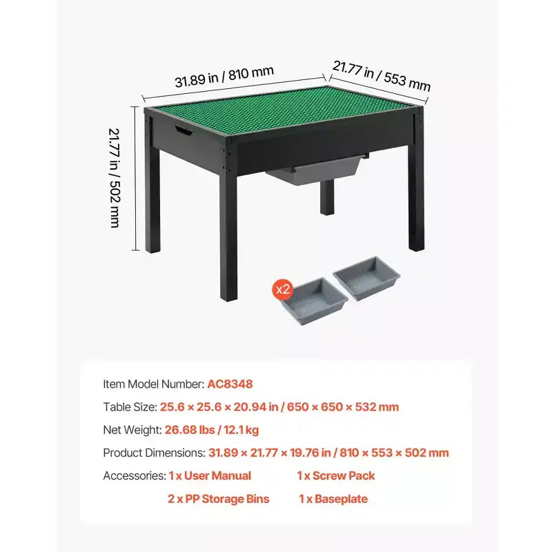Table d’activités en bois pour enfants, plateau double face pour blocs de construction, table de jeu polyvalente avec 2 bacs de rangement pour enfants de 3 ans et plus, noir