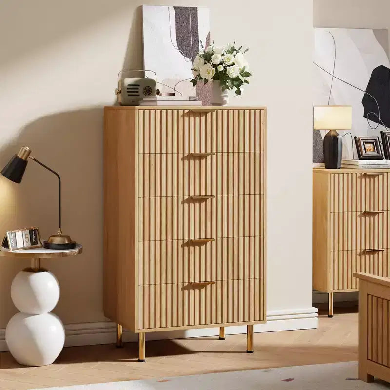 Cómoda de 5 cajones, cómoda moderna con cajones profundos y tapa ancha, organizador de madera estriada para sala de estar o pasillo