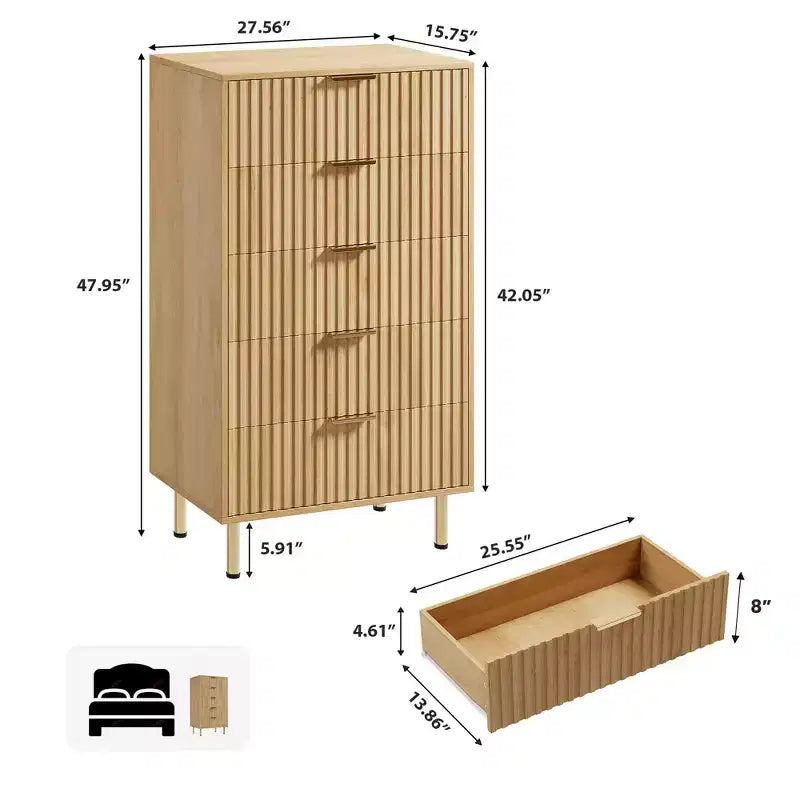 Cómoda de 5 cajones, cómoda moderna con cajones profundos y tapa ancha, organizador de madera estriada para sala de estar o pasillo