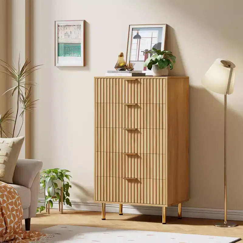 Cómoda de 5 cajones, cómoda moderna con cajones profundos y tapa ancha, organizador de madera estriada para sala de estar o pasillo