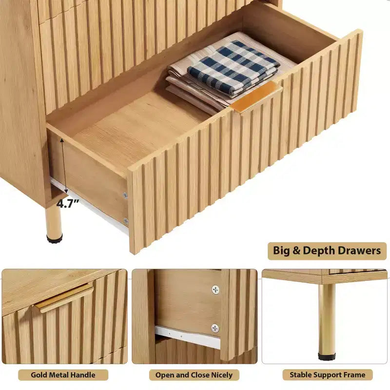 Kommode mit 5 Schubladen, moderne Schubladenkommode mit tiefen Schubladen und breiter Ablagefläche, geriffelte Holzkommode als Organizer für Wohnzimmer und Flur
