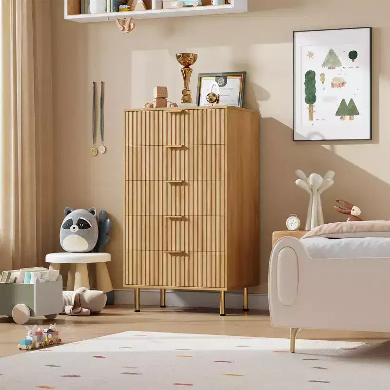 Kommode mit 5 Schubladen, moderne Schubladenkommode mit tiefen Schubladen und breiter Ablagefläche, geriffelte Holzkommode als Organizer für Wohnzimmer und Flur