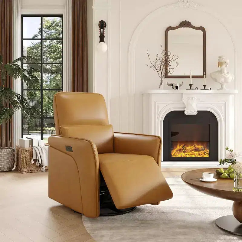 Sillón reclinable giratorio 360 con estación de carga USB, sillón de cuero, mecedora eléctrica con asiento profundo tapizado, soporte lumbar ajustable
