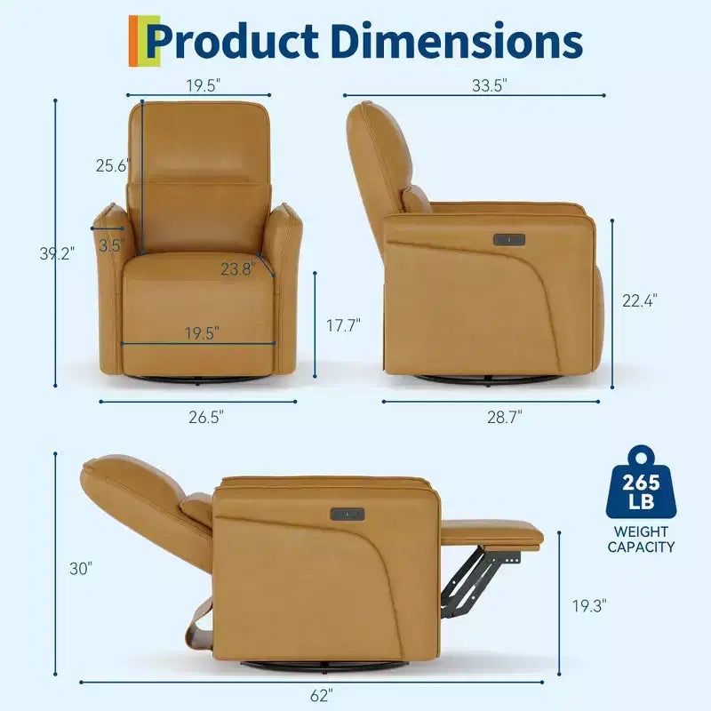 Sillón reclinable giratorio 360 con estación de carga USB, sillón de cuero, mecedora eléctrica con asiento profundo tapizado, soporte lumbar ajustable