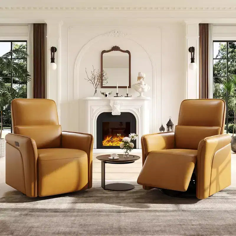 Sillón reclinable giratorio 360 con estación de carga USB, sillón de cuero, mecedora eléctrica con asiento profundo tapizado, soporte lumbar ajustable
