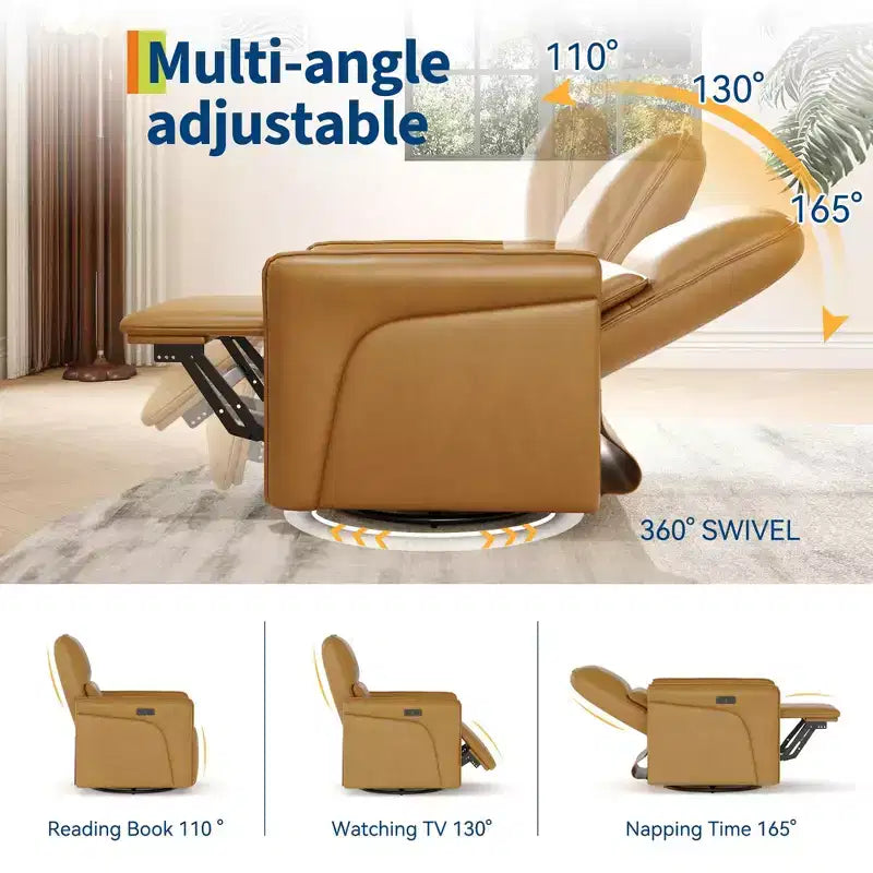 360° drehbarer Relaxsessel mit USB-Ladestation, Ledersessel, elektrischer Schaukelstuhl mit tiefem, gepolstertem Sitz, verstellbarer Lendenstütze