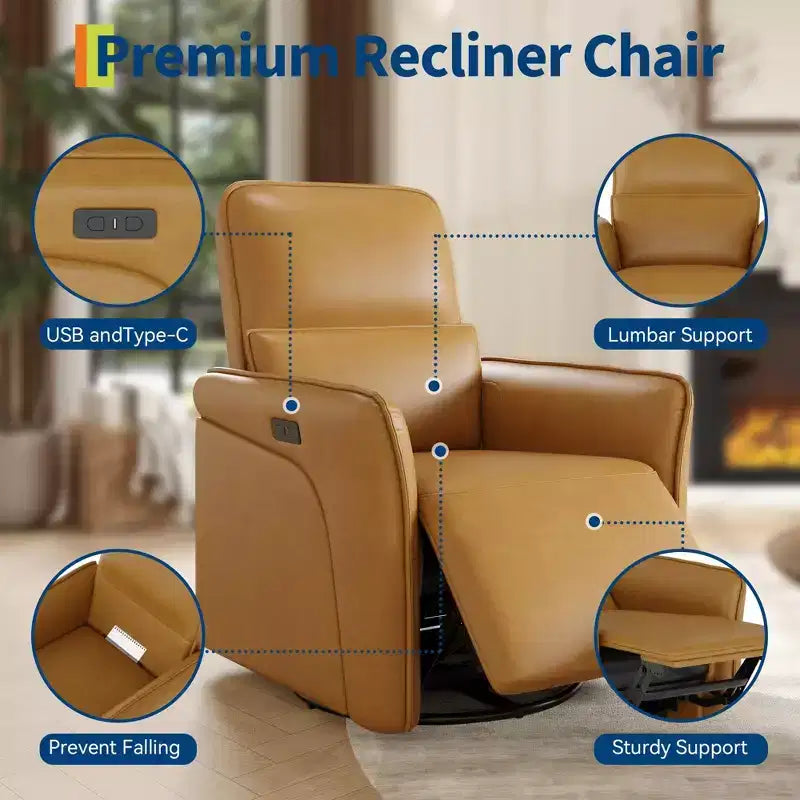 360° drehbarer Relaxsessel mit USB-Ladestation, Ledersessel, elektrischer Schaukelstuhl mit tiefem, gepolstertem Sitz, verstellbarer Lendenstütze