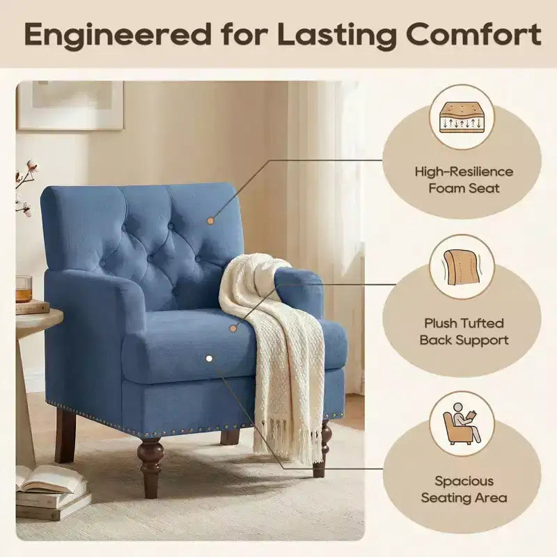 Fauteuil d’appoint moderne avec revêtement tissé doux pour la peau et pieds en bois d’hévéa massif, style milieu du siècle, pour salon, chambre et bureau