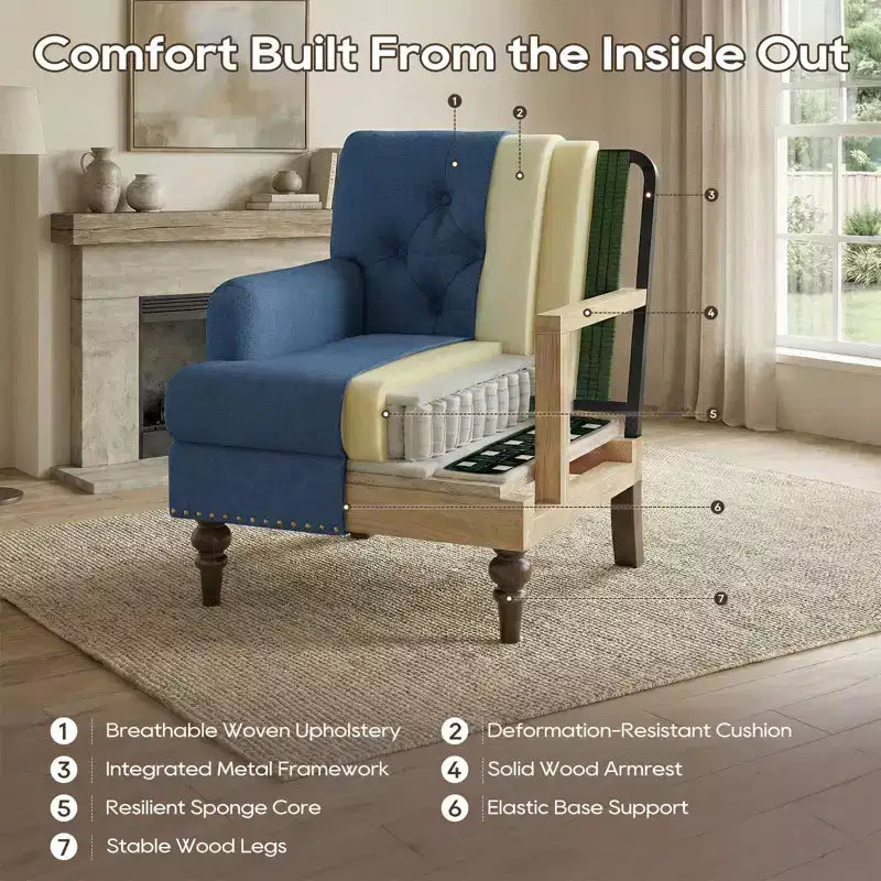 Fauteuil d’appoint moderne avec revêtement tissé doux pour la peau et pieds en bois d’hévéa massif, style milieu du siècle, pour salon, chambre et bureau