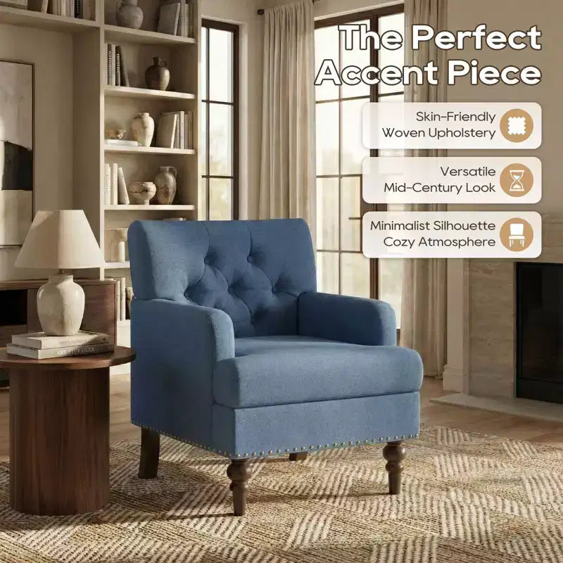 Fauteuil d’appoint moderne avec revêtement tissé doux pour la peau et pieds en bois d’hévéa massif, style milieu du siècle, pour salon, chambre et bureau