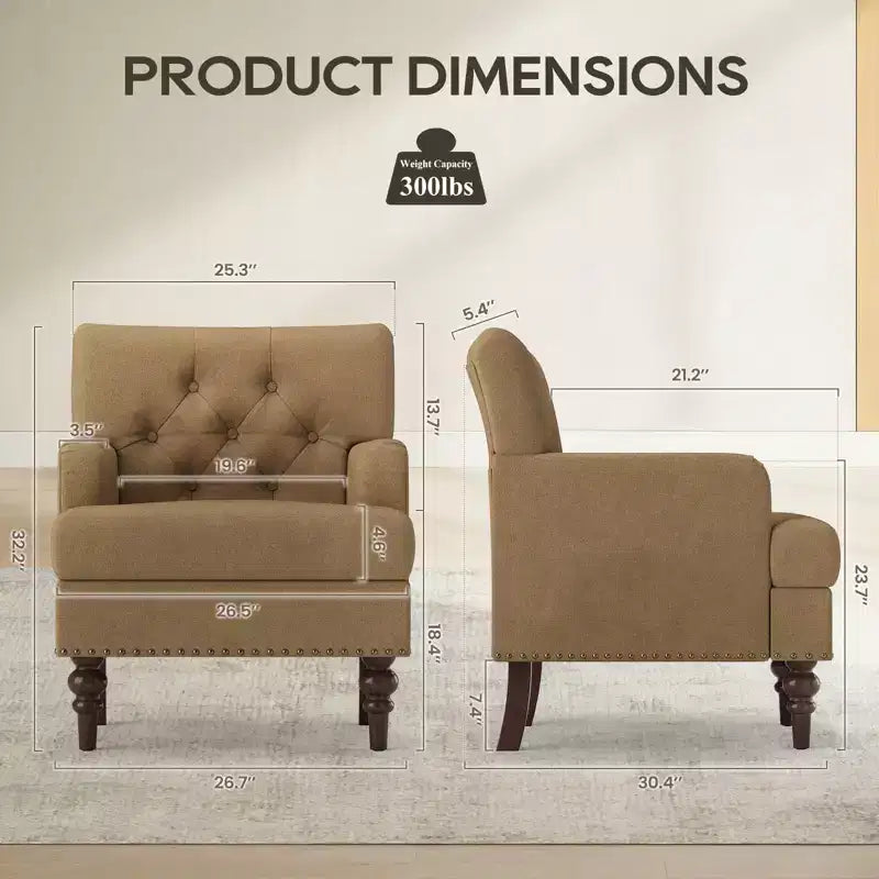 Fauteuil d’appoint moderne avec revêtement tissé doux pour la peau et pieds en bois d’hévéa massif, style milieu du siècle, pour salon, chambre et bureau