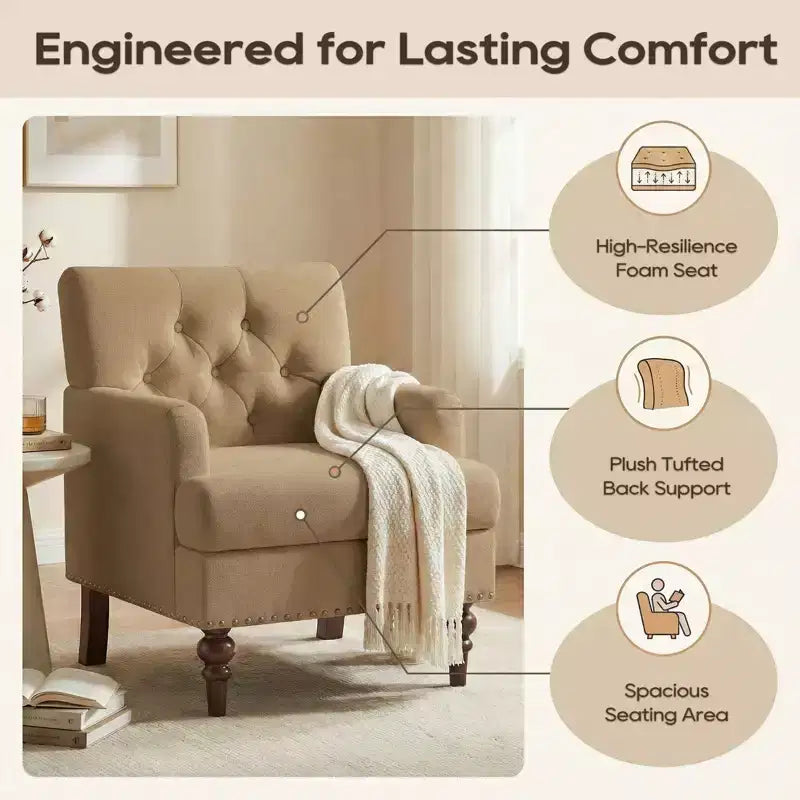 Fauteuil d’appoint moderne avec revêtement tissé doux pour la peau et pieds en bois d’hévéa massif, style milieu du siècle, pour salon, chambre et bureau