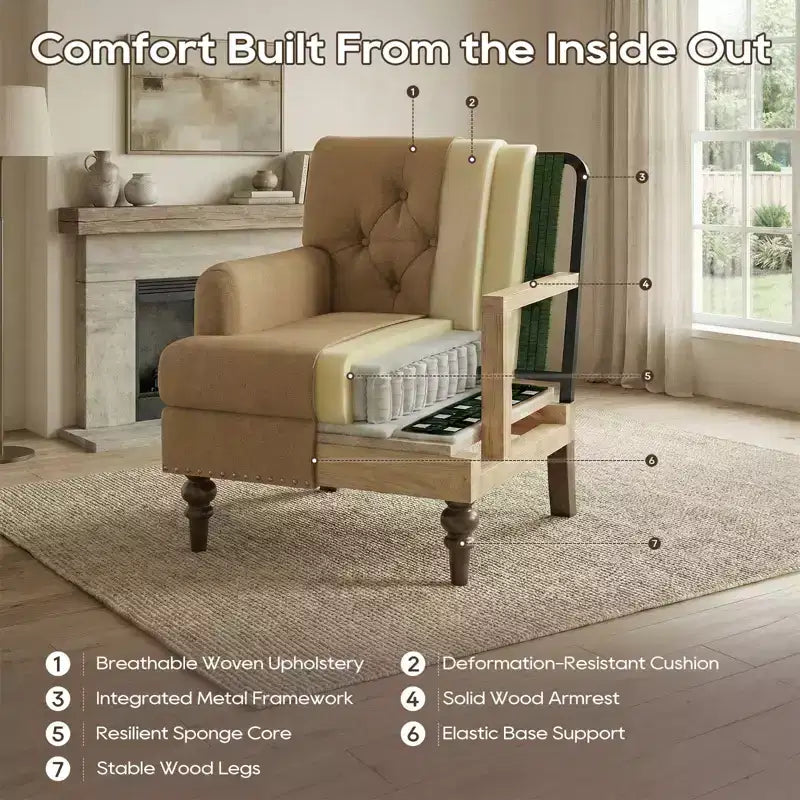 Fauteuil d’appoint moderne avec revêtement tissé doux pour la peau et pieds en bois d’hévéa massif, style milieu du siècle, pour salon, chambre et bureau