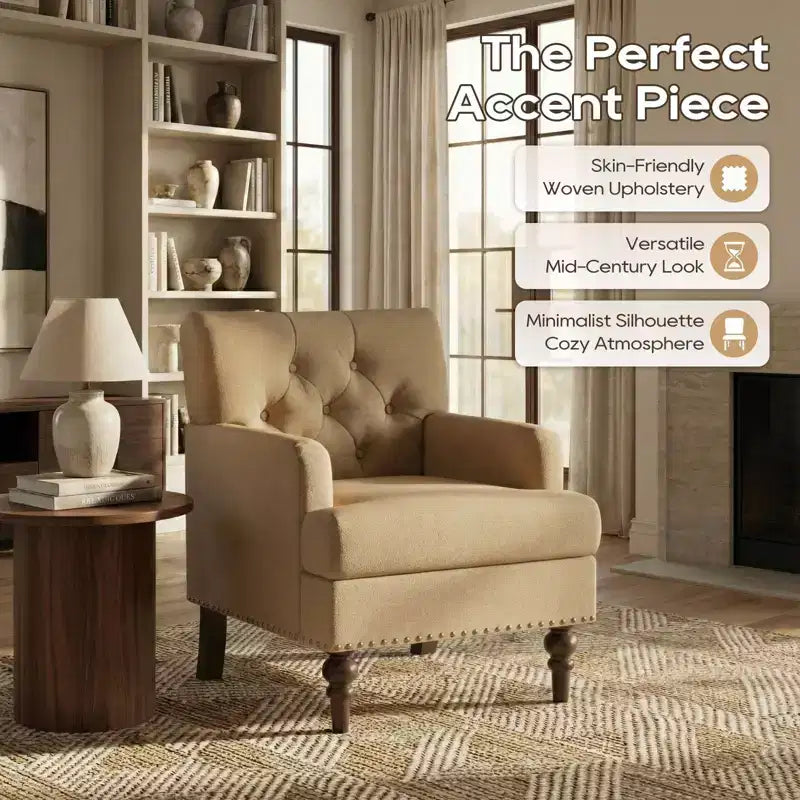 Fauteuil d’appoint moderne avec revêtement tissé doux pour la peau et pieds en bois d’hévéa massif, style milieu du siècle, pour salon, chambre et bureau