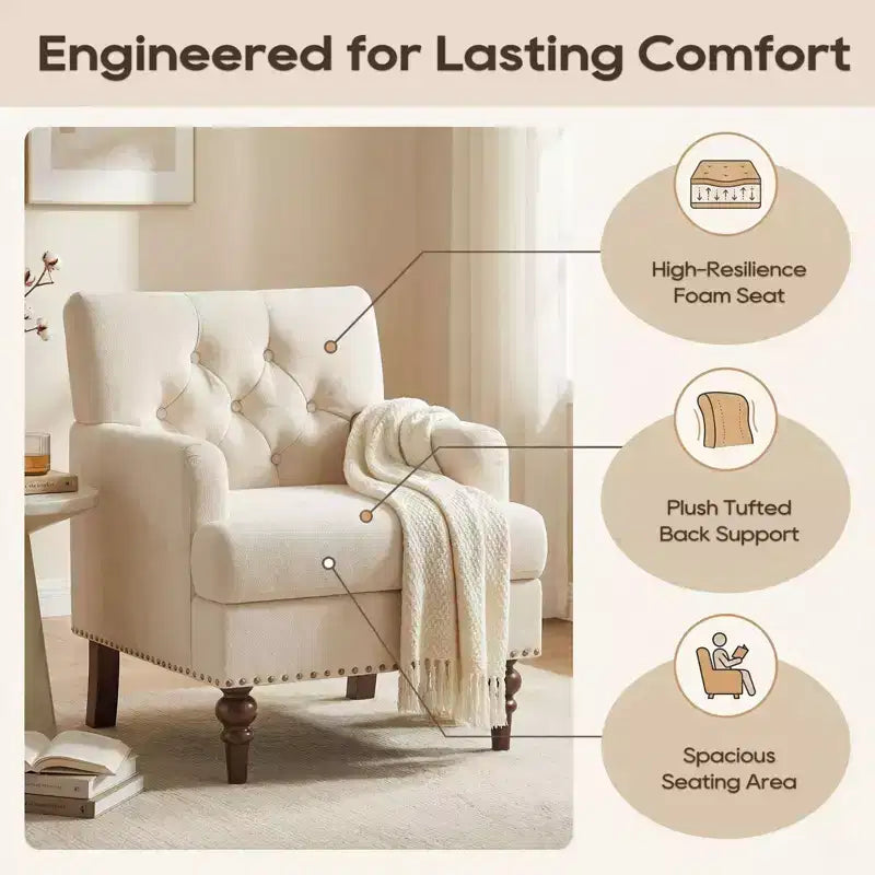 Sillón decorativo moderno con tapizado tejido agradable al tacto y patas de madera maciza de caucho, estilo de mediados de siglo para sala de estar, dormitorio o estudio