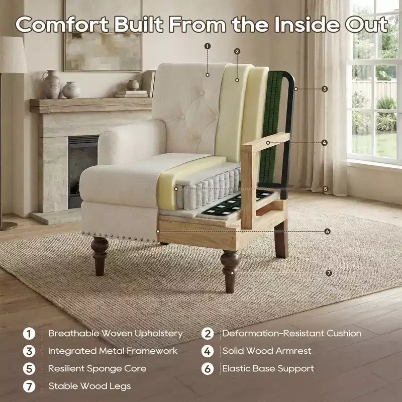 Sillón decorativo moderno con tapizado tejido agradable al tacto y patas de madera maciza de caucho, estilo de mediados de siglo para sala de estar, dormitorio o estudio