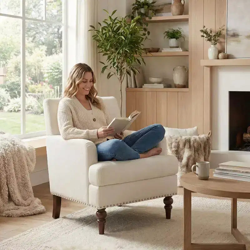 Sillón decorativo moderno con tapizado tejido agradable al tacto y patas de madera maciza de caucho, estilo de mediados de siglo para sala de estar, dormitorio o estudio