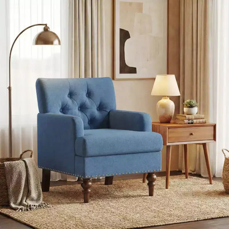 Sillón decorativo moderno con tapizado tejido agradable al tacto y patas de madera maciza de caucho, estilo de mediados de siglo para sala de estar, dormitorio o estudio