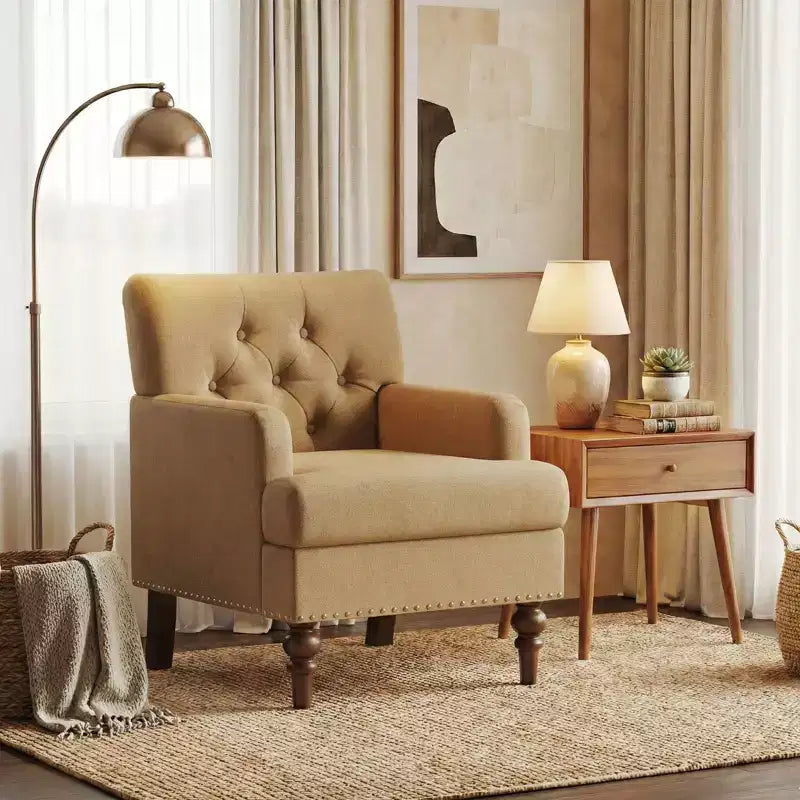 Sillón decorativo moderno con tapizado tejido agradable al tacto y patas de madera maciza de caucho, estilo de mediados de siglo para sala de estar, dormitorio o estudio