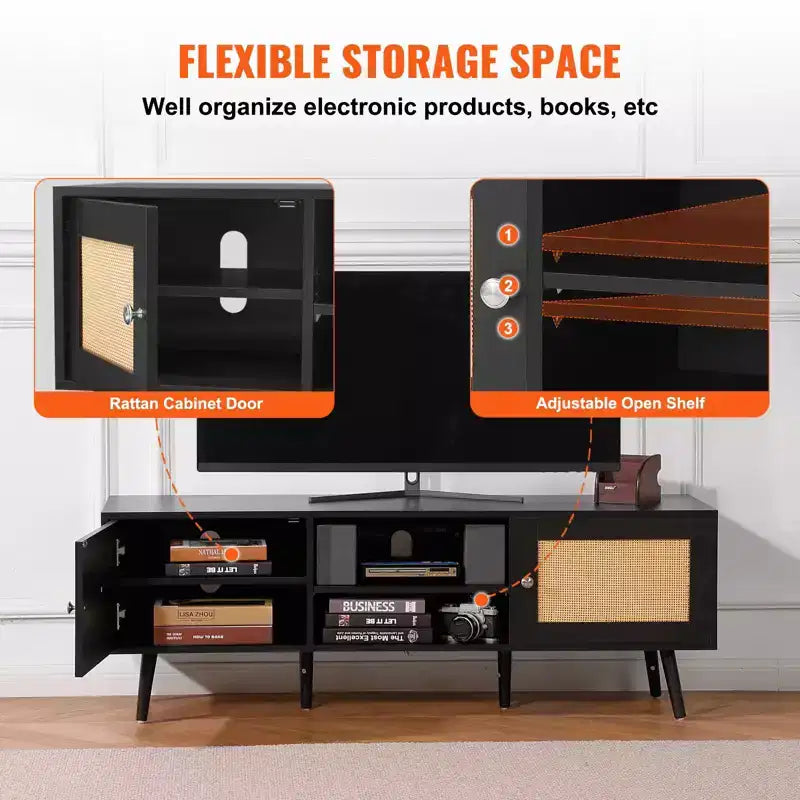Meuble TV en rotin pour téléviseur de 65 in. avec prise électrique, ports USB et étagère réglable, noir