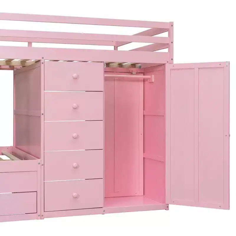 Lit superposé pour deux places avec 2 grands tiroirs, 5 petits tiroirs et armoire intégrée