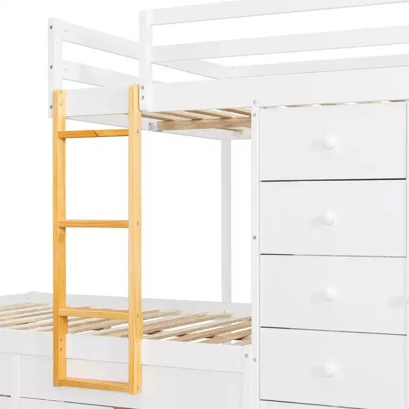 Lit superposé pour deux places avec 2 grands tiroirs, 5 petits tiroirs et armoire intégrée