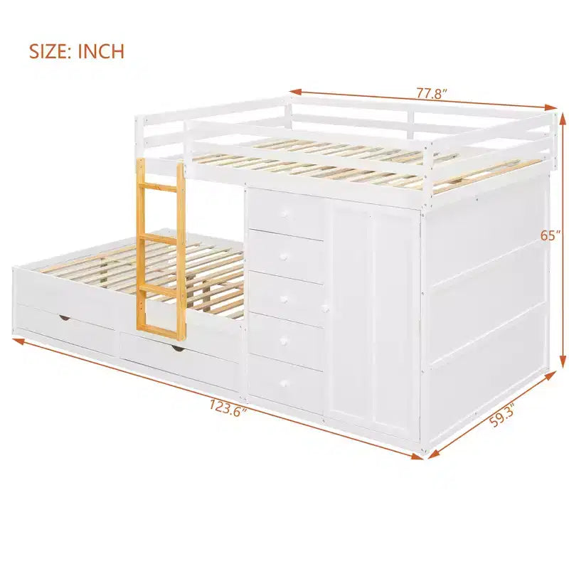 Lit superposé pour deux places avec 2 grands tiroirs, 5 petits tiroirs et armoire intégrée