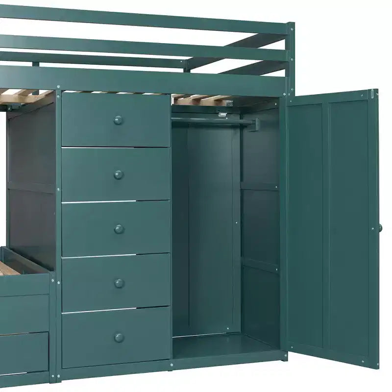 Lit superposé pour deux places avec 2 grands tiroirs, 5 petits tiroirs et armoire intégrée