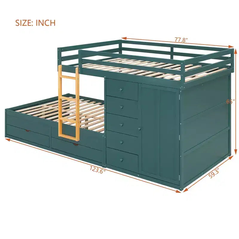 Lit superposé pour deux places avec 2 grands tiroirs, 5 petits tiroirs et armoire intégrée