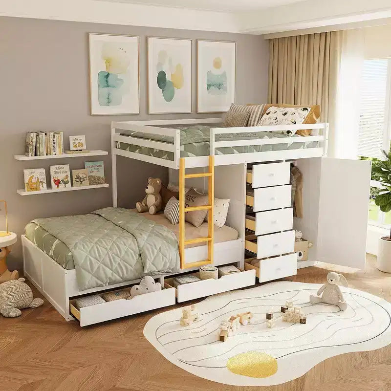 Lit superposé pour deux places avec 2 grands tiroirs, 5 petits tiroirs et armoire intégrée