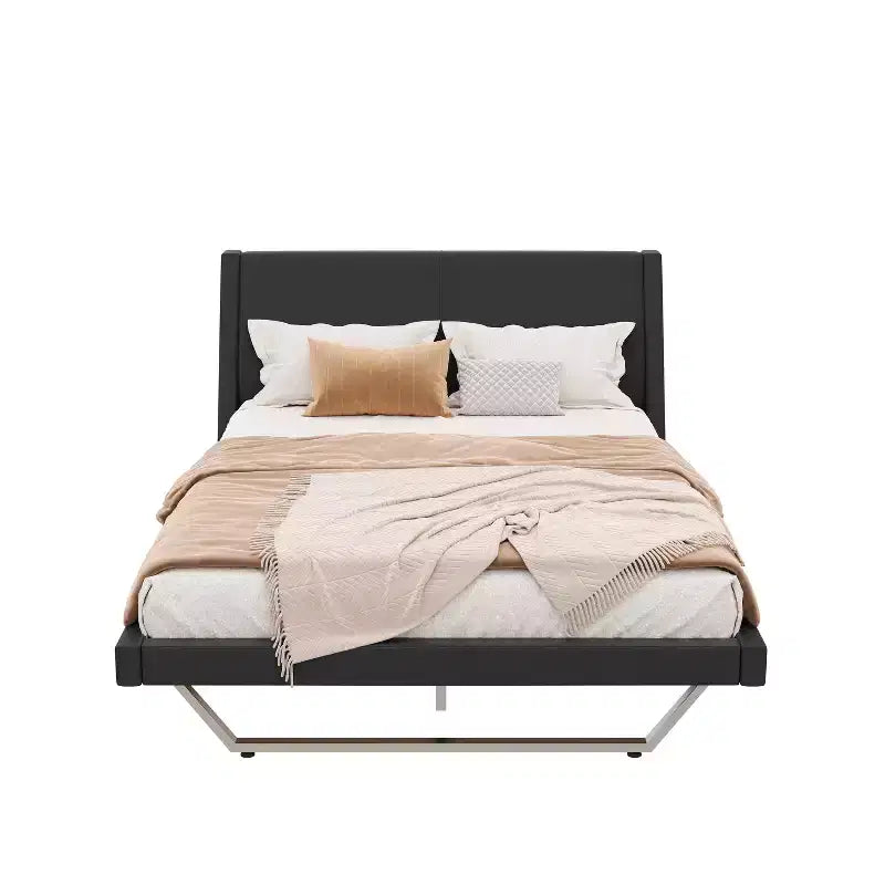 Cadre de lit rembourré pour grand lit ou très grand lit, lit plateforme en similicuir avec pieds trapézoïdaux