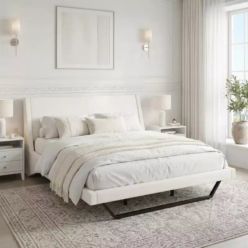 Cadre de lit rembourré pour grand lit ou très grand lit, lit plateforme en similicuir avec pieds trapézoïdaux