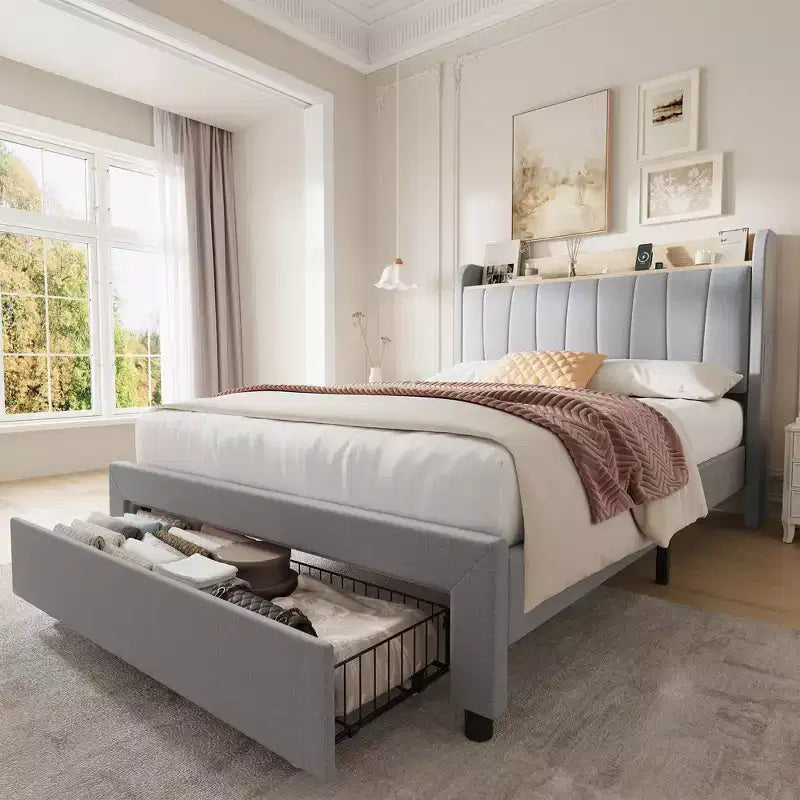 Estructura de cama individual con cabecero, resistente, tamaño Twin XL, cabecero tapizado, cama tipo plataforma con cabecero de almacenamiento, estación de carga y cajones