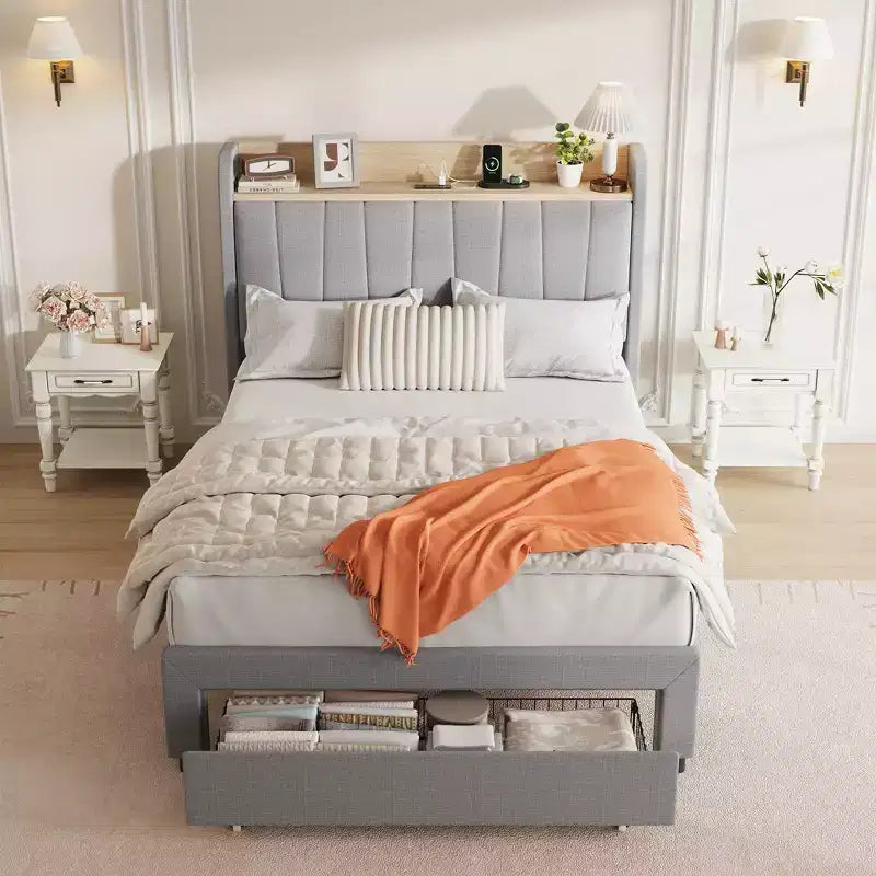 Estructura de cama individual con cabecero, resistente, tamaño Twin XL, cabecero tapizado, cama tipo plataforma con cabecero de almacenamiento, estación de carga y cajones