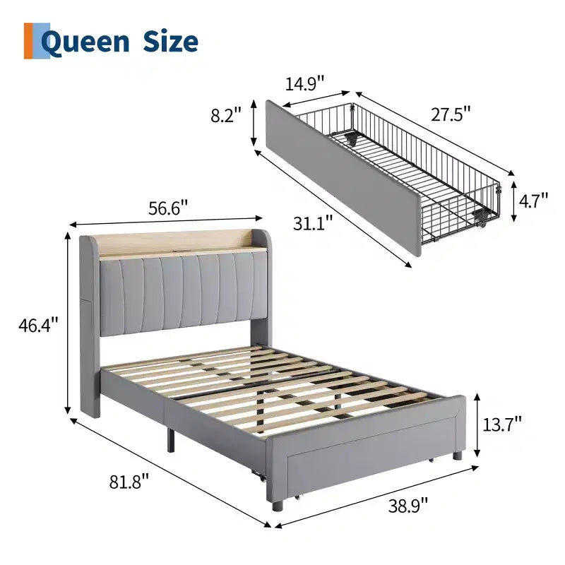 Estructura de cama individual con cabecero, resistente, tamaño Twin XL, cabecero tapizado, cama tipo plataforma con cabecero de almacenamiento, estación de carga y cajones