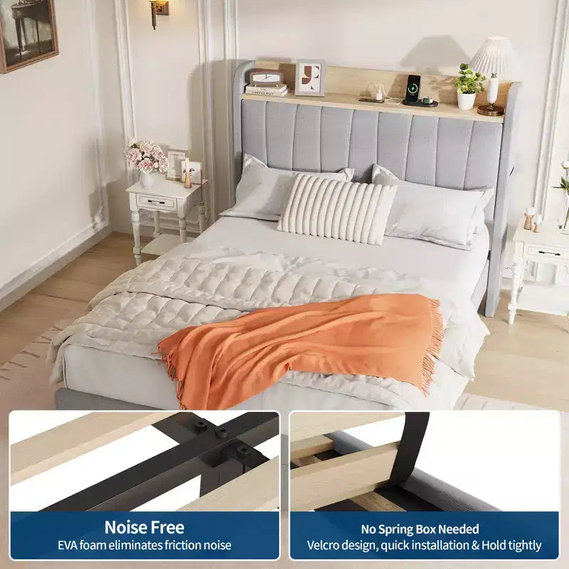 Estructura de cama individual con cabecero, resistente, tamaño Twin XL, cabecero tapizado, cama tipo plataforma con cabecero de almacenamiento, estación de carga y cajones