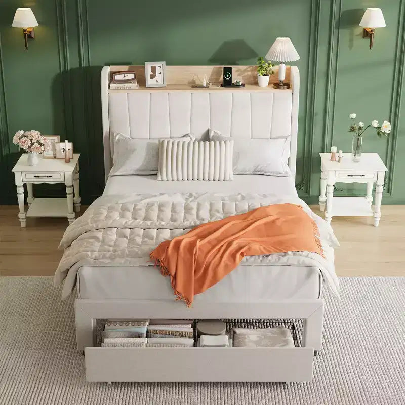 Estructura de cama individual con cabecero, resistente, tamaño Twin XL, cabecero tapizado, cama tipo plataforma con cabecero de almacenamiento, estación de carga y cajones