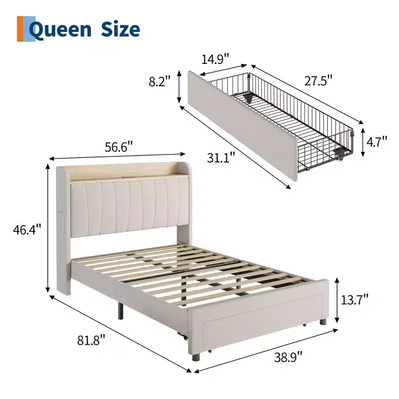 Estructura de cama individual con cabecero, resistente, tamaño Twin XL, cabecero tapizado, cama tipo plataforma con cabecero de almacenamiento, estación de carga y cajones